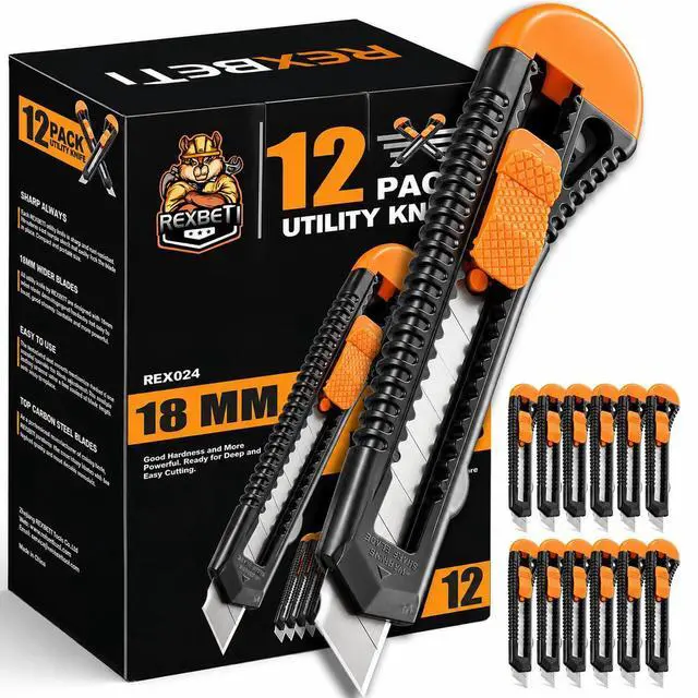 Main image of 12-Pack Utility Knife, Retractable Box Cutter for Cartons, Cardboard and Boxes, 18mm Wider Razor Sharp Blade, Smooth Mechanism, Perfect for Office and Home use