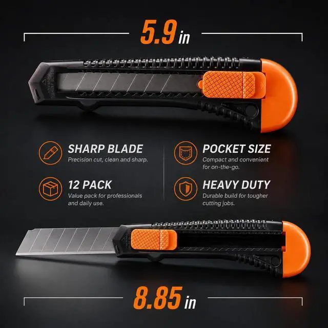 Alt view image 3 of 7 - 12-Pack Utility Knife, Retractable Box Cutter for Cartons, Cardboard and Boxes, 18mm Wider Razor Sharp Blade, Smooth Mechanism, Perfect for Office and Home use