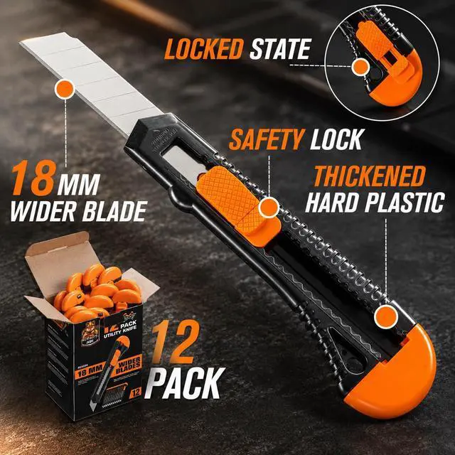 Alt view image 2 of 7 - 12-Pack Utility Knife, Retractable Box Cutter for Cartons, Cardboard and Boxes, 18mm Wider Razor Sharp Blade, Smooth Mechanism, Perfect for Office and Home use