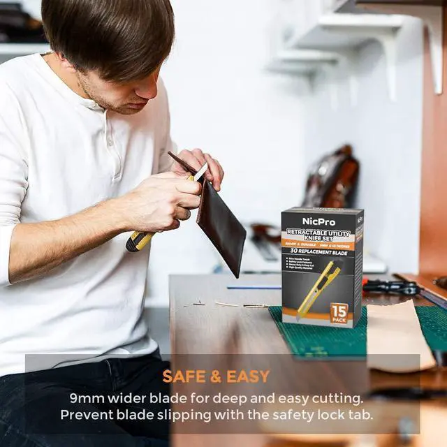 Alt view image 3 of 7 - 15 PCS Utility Knife Box Cutters Retractable Razor Knife 9mm with 30 PCS Extra Snap Off Blades for Lightweight Office, Home, Arts Crafts, Hobby