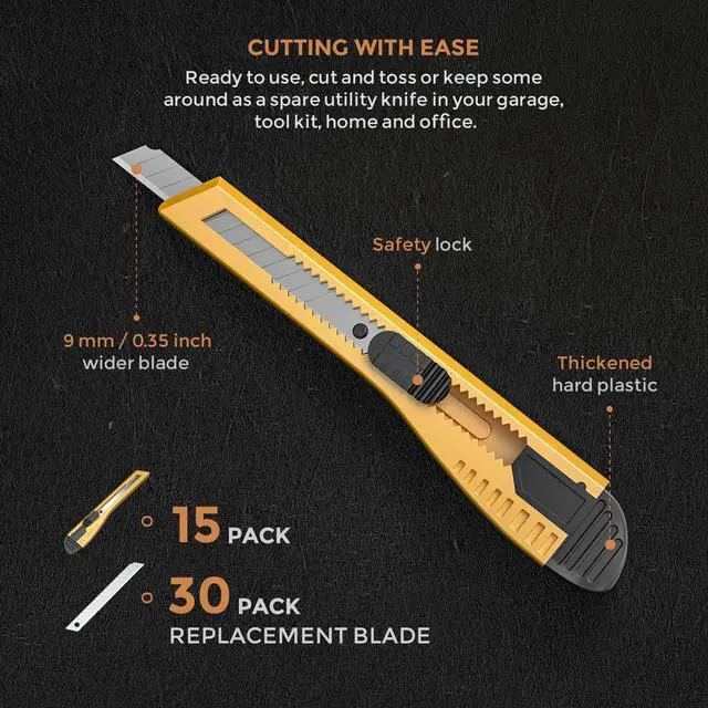 Alt view image 4 of 7 - 15 PCS Utility Knife Box Cutters Retractable Razor Knife 9mm with 30 PCS Extra Snap Off Blades for Lightweight Office, Home, Arts Crafts, Hobby