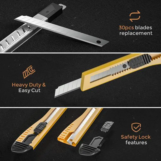 Alt view image 5 of 7 - 15 PCS Utility Knife Box Cutters Retractable Razor Knife 9mm with 30 PCS Extra Snap Off Blades for Lightweight Office, Home, Arts Crafts, Hobby