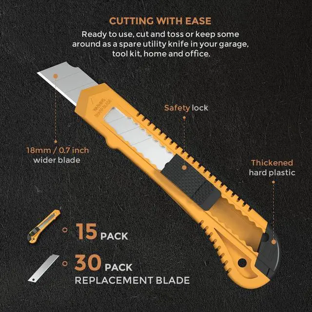 Alt view image 2 of 7 - 15 Pack Utility Knives with 30 PCS Extra Blades, Plastic Box Cutters Bulk Retractable Razor Knife Snap Off Blades 18mm for Heavy Duty Office, Home, Arts Crafts, Hobby