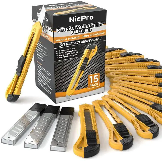 Main image of 15 Pack Utility Knives with 30 PCS Extra Blades, Plastic Box Cutters Bulk Retractable Razor Knife Snap Off Blades 18mm for Heavy Duty Office, Home, Arts Crafts, Hobby