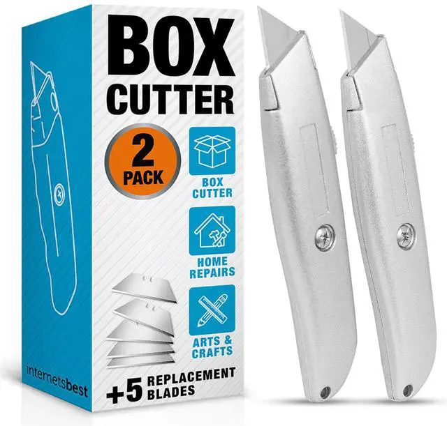 Main image of Premium Utility Knife Set | Retractable Box Cutter with Metal Handle | Heavy-Duty Cutting for Cardboard, Carpet, Plastic | Retractable Blade | Includes 2 Razor Knives & Extra Blades