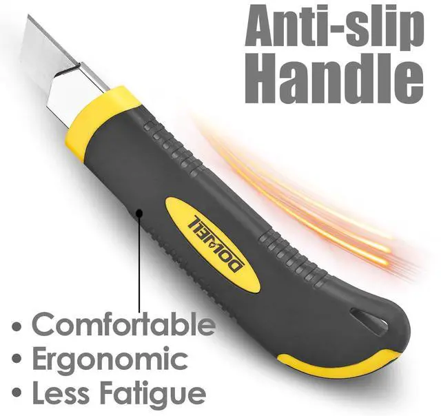 Alt view image 6 of 7 - Utility Knife, Box Cutter Retractable,3 Pcs Blades Inside, 1-Pack | Retractable utility knife, 18mm SK5 snap-off blade, auto-change mechanism, TPR handle, stores 3 blades, cuts cardboard, tape