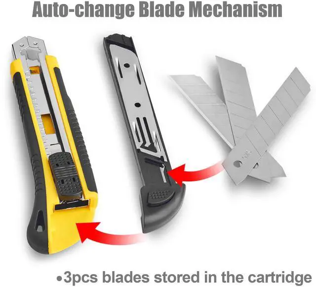 Alt view image 2 of 7 - Utility Knife, Box Cutter Retractable,3 Pcs Blades Inside, 1-Pack | Retractable utility knife, 18mm SK5 snap-off blade, auto-change mechanism, TPR handle, stores 3 blades, cuts cardboard, tape