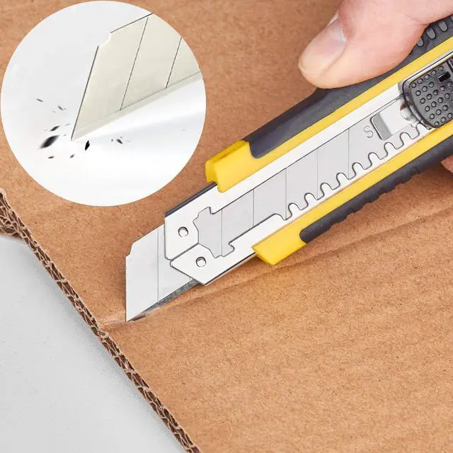 Alt view image 5 of 7 - Utility Knife, Box Cutter Retractable,3 Pcs Blades Inside, 1-Pack | Retractable utility knife, 18mm SK5 snap-off blade, auto-change mechanism, TPR handle, stores 3 blades, cuts cardboard, tape