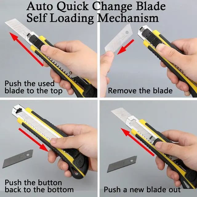 Alt view image 3 of 7 - Utility Knife, Box Cutter Retractable,3 Pcs Blades Inside, 1-Pack | Retractable utility knife, 18mm SK5 snap-off blade, auto-change mechanism, TPR handle, stores 3 blades, cuts cardboard, tape