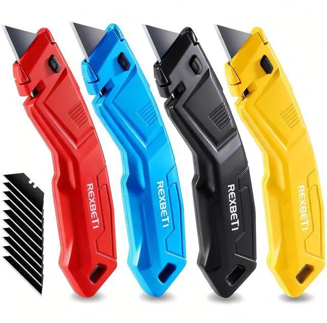 Main image of 4-Pack Utility Knife, Heavy Duty Aluminum Shell Retractable Box Cutter for Cartons, Cardboard and Boxes, Extra 10 Blades Included