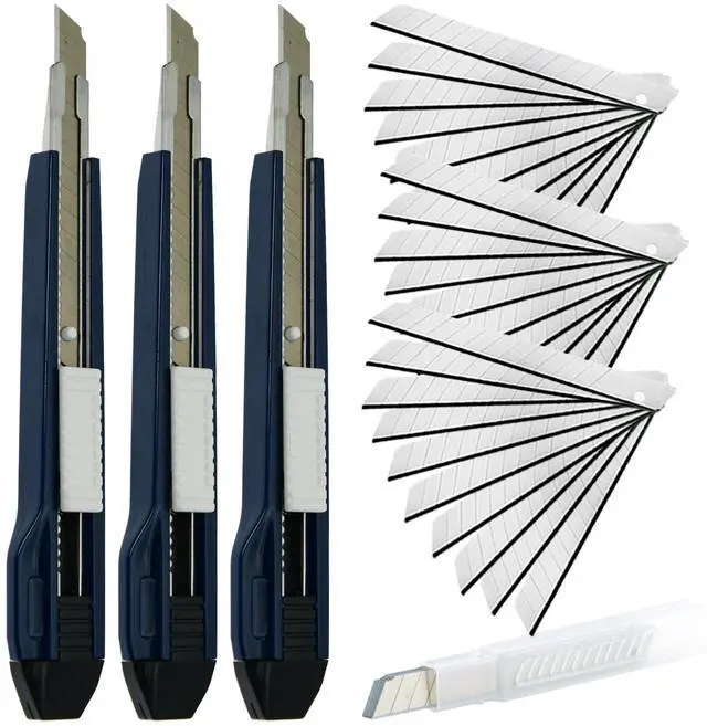 Main image of 9mm Snap Off Utility Knife High Hardness Retractable Box Cutters with 30 Pcs Snap Off Blades,Pack 3 Art Craft Hobby Cutter 9mm Knife for Home Warehouse Office Workstation,Dark Blue