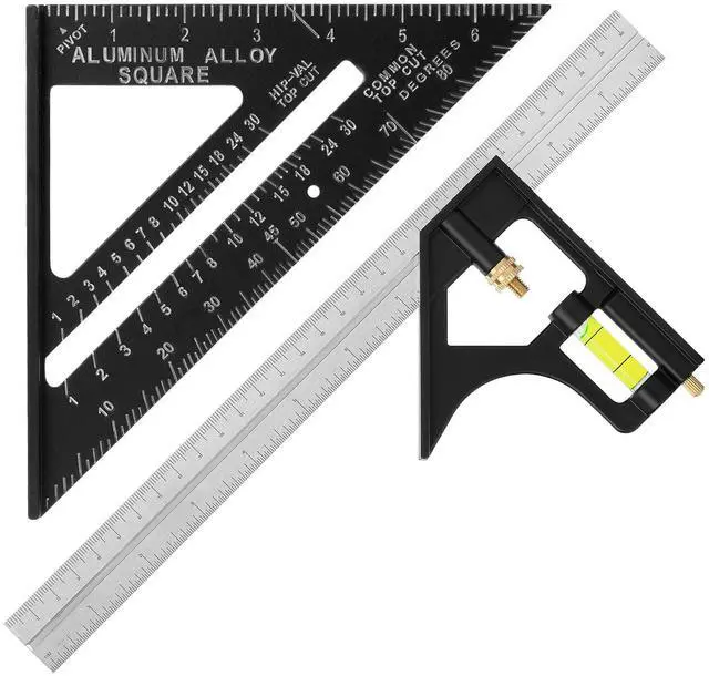 Main image of Rafter Square and Combination Square Tool Set, Black, 7" Square, 12" Aluminum Carpenter Square, Framing Square, Square Tool, Woodworking Square, Combo Square, 7 Inch