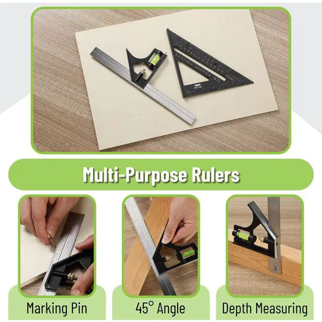 Alt view image 3 of 7 - Rafter Square and Combination Square Tool Set, Black, 7" Square, 12" Aluminum Carpenter Square, Framing Square, Square Tool, Woodworking Square, Combo Square, 7 Inch
