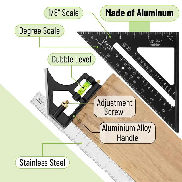 Alt view image 6 of 7 - Rafter Square and Combination Square Tool Set, Black, 7" Square, 12" Aluminum Carpenter Square, Framing Square, Square Tool, Woodworking Square, Combo Square, 7 Inch