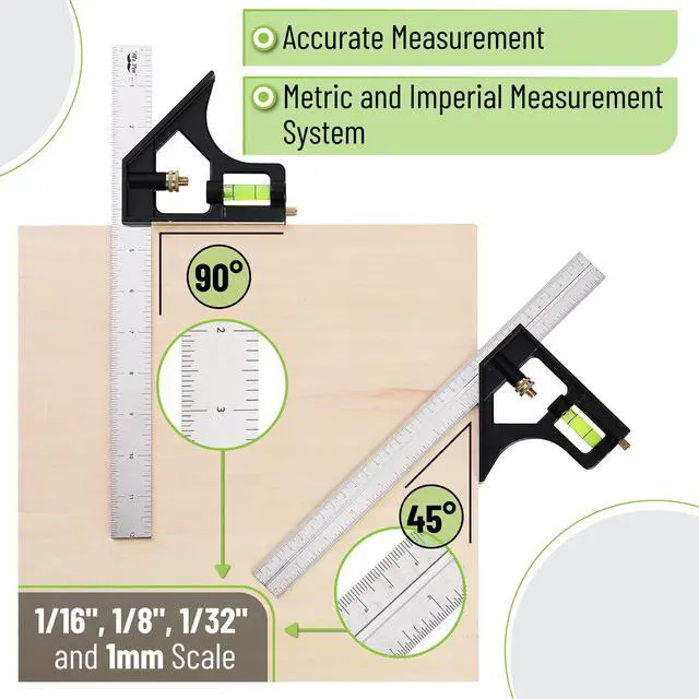Alt view image 4 of 7 - Rafter Square and Combination Square Tool Set, Black, 7" Square, 12" Aluminum Carpenter Square, Framing Square, Square Tool, Woodworking Square, Combo Square, 7 Inch