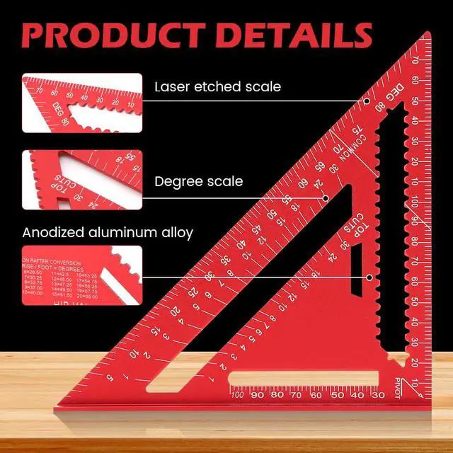 Alt view image 4 of 7 - 7 Inch Carpenter Square Aluminum Rafter Square for Woodworking, Precise Layout for Cabinetry, Tiling & DIY Great for Home Woodworkers (Red)