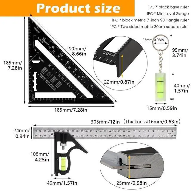 Alt view image 2 of 7 - 4Pcs Combination Square Woodworking Tools, 7 inch Carpenter Square with Ruler and Bubble Level, Aluminum Framing Squares Layout Tool Rafter Squares Triangle Protractor