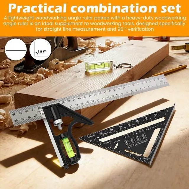 Alt view image 4 of 7 - 4Pcs Combination Square Woodworking Tools, 7 inch Carpenter Square with Ruler and Bubble Level, Aluminum Framing Squares Layout Tool Rafter Squares Triangle Protractor