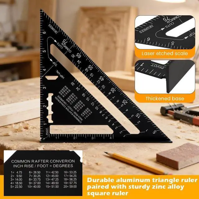 Alt view image 3 of 7 - 4Pcs Combination Square Woodworking Tools, 7 inch Carpenter Square with Ruler and Bubble Level, Aluminum Framing Squares Layout Tool Rafter Squares Triangle Protractor
