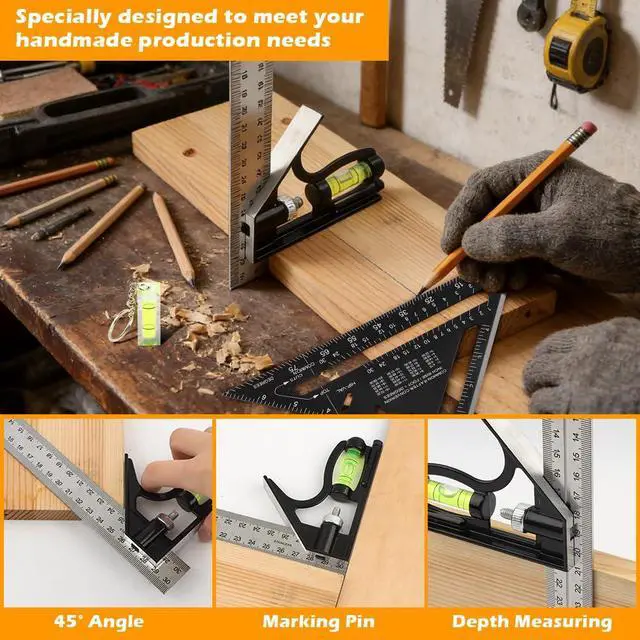 Alt view image 5 of 7 - 4Pcs Combination Square Woodworking Tools, 7 inch Carpenter Square with Ruler and Bubble Level, Aluminum Framing Squares Layout Tool Rafter Squares Triangle Protractor