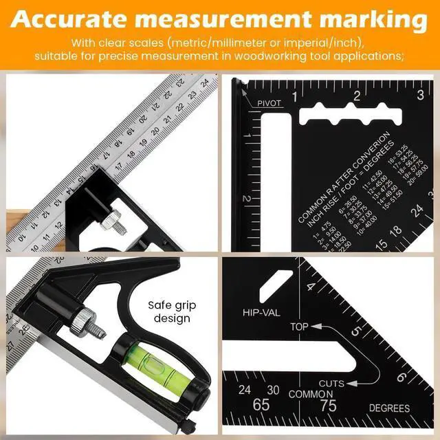 Alt view image 6 of 7 - 4Pcs Combination Square Woodworking Tools, 7 inch Carpenter Square with Ruler and Bubble Level, Aluminum Framing Squares Layout Tool Rafter Squares Triangle Protractor