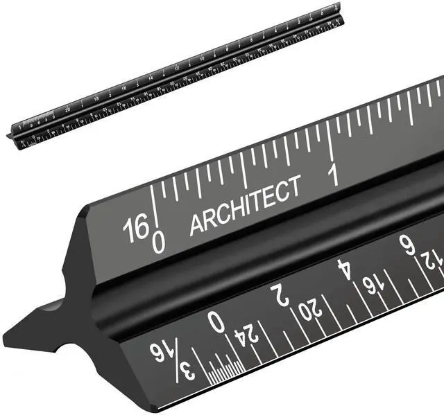 Main image of Architectural Scale Ruler, Imperial Measurements 12'', Laser-Etched Aluminum Architect Triangular Ruler Black for Architects, Students, Draftsman, and Engineers by mveohos