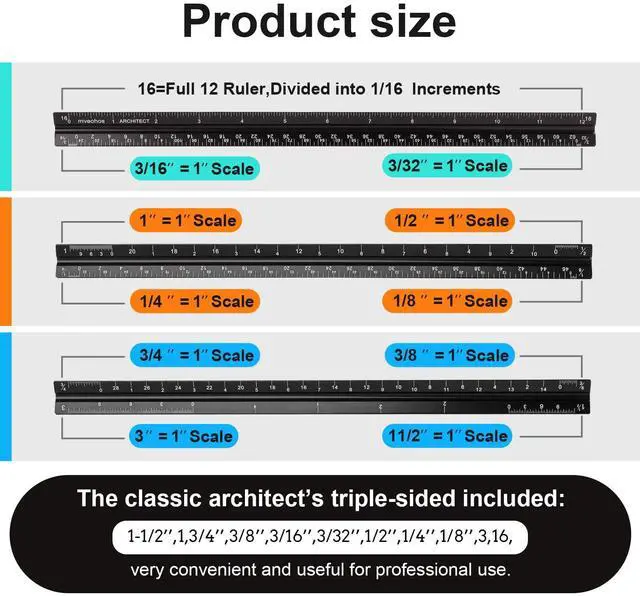 Alt view image 2 of 6 - Architectural Scale Ruler, Imperial Measurements 12'', Laser-Etched Aluminum Architect Triangular Ruler Black for Architects, Students, Draftsman, and Engineers by mveohos
