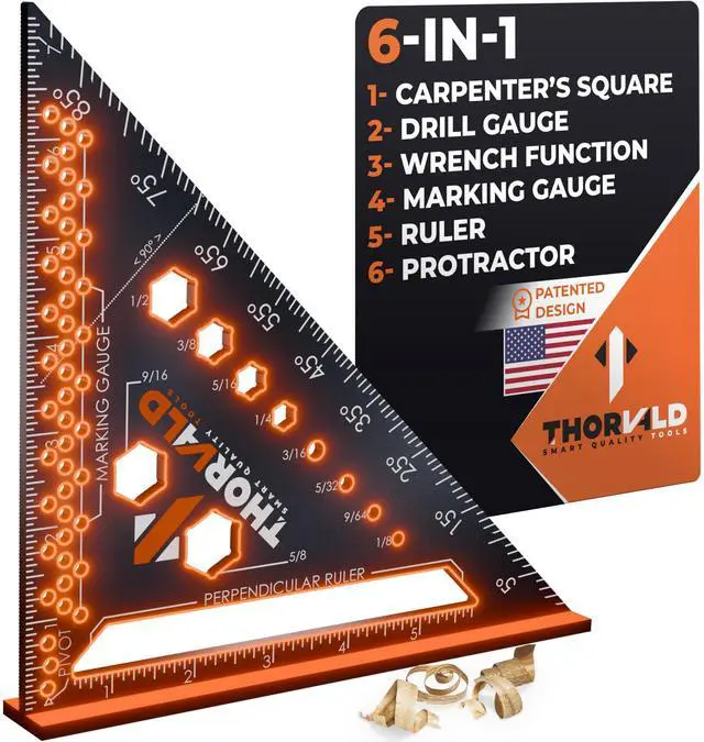 Main image of 6-in-1 Carpenter Square 7 inch (1/16" Precision) - T Square Multi-Purpose Carpenter Tools : Wrench, Square, Protractor, Ruler, Marking Gauge, Drill Gauge