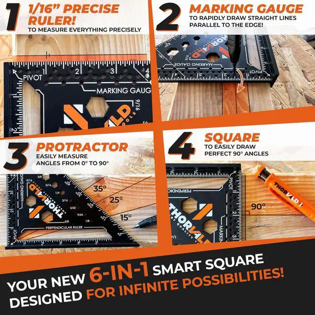 Alt view image 2 of 6 - 6-in-1 Carpenter Square 7 inch (1/16" Precision) - T Square Multi-Purpose Carpenter Tools : Wrench, Square, Protractor, Ruler, Marking Gauge, Drill Gauge