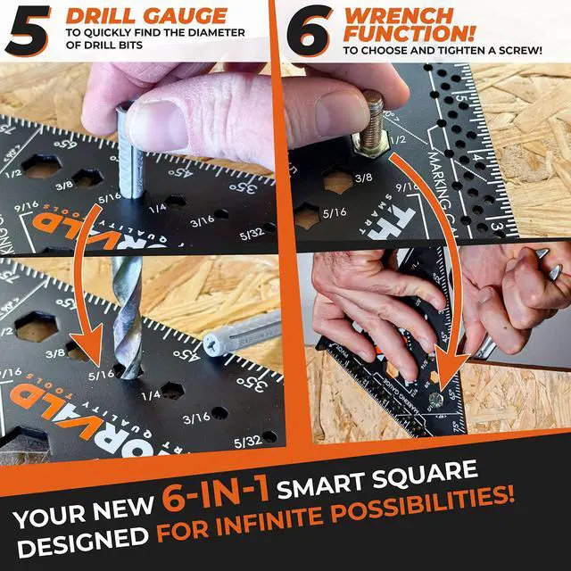 Alt view image 3 of 6 - 6-in-1 Carpenter Square 7 inch (1/16" Precision) - T Square Multi-Purpose Carpenter Tools : Wrench, Square, Protractor, Ruler, Marking Gauge, Drill Gauge