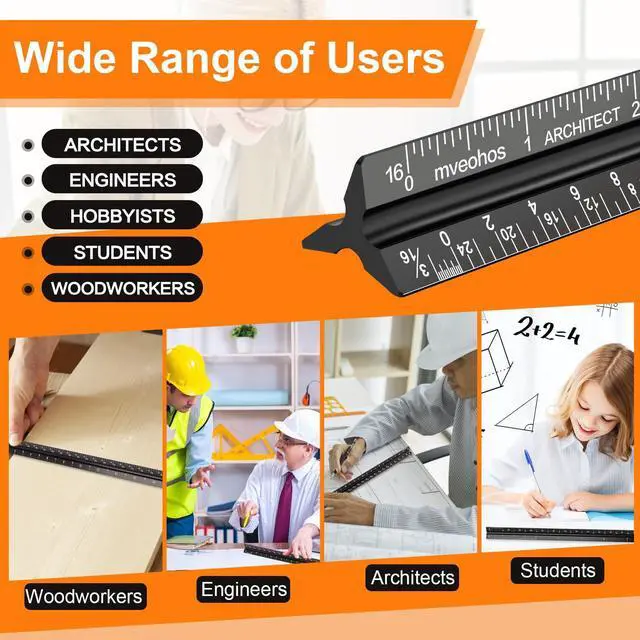 Alt view image 5 of 6 - Architectural Scale Ruler, Imperial Measurements 12'', Laser-Etched Aluminum Architect Triangular Ruler Black for Architects, Students, Draftsman, and Engineers by mveohos
