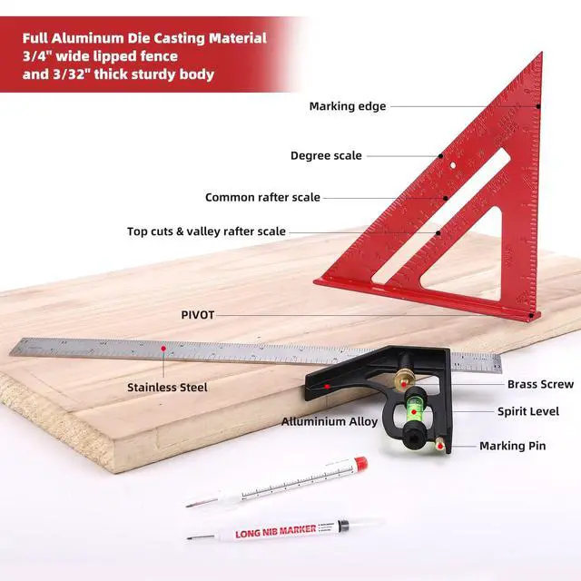 Alt view image 2 of 6 - Rafter Square Combo Set, 12 Inch Aluminum, Carpenters Square(Red)