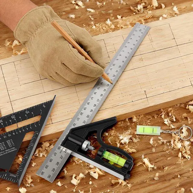 Alt view image 7 of 7 - 4Pcs Combination Square Woodworking Tools, 7 inch Carpenter Square with Ruler and Bubble Level, Aluminum Framing Squares Layout Tool Rafter Squares Triangle Protractor