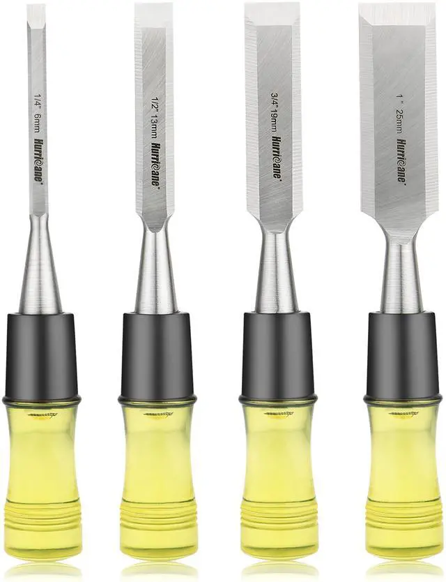 Main image of 4 Piece Wood Chisel Set for Woodworking. CR-V Steel Beveled Edge Blades with Safety Caps. Durable PVC High Impact Handle, for Precision Carving & DIY Projects (1/4", 1/2", 3/4", 1")