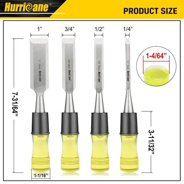 Alt view image 2 of 7 - 4 Piece Wood Chisel Set for Woodworking. CR-V Steel Beveled Edge Blades with Safety Caps. Durable PVC High Impact Handle, for Precision Carving & DIY Projects (1/4", 1/2", 3/4", 1")
