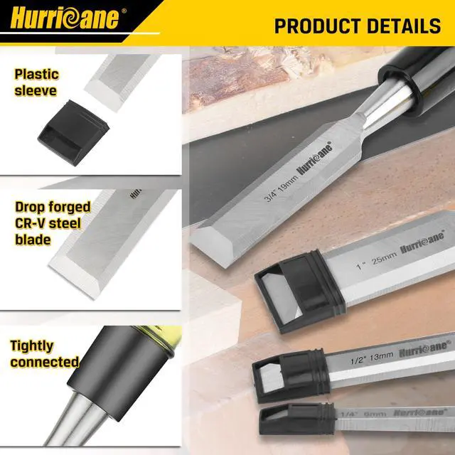 Alt view image 3 of 7 - 4 Piece Wood Chisel Set for Woodworking. CR-V Steel Beveled Edge Blades with Safety Caps. Durable PVC High Impact Handle, for Precision Carving & DIY Projects (1/4", 1/2", 3/4", 1")