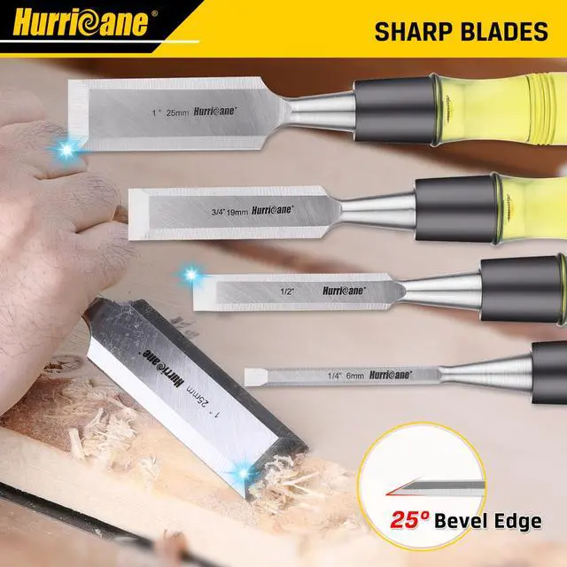 Alt view image 4 of 7 - 4 Piece Wood Chisel Set for Woodworking. CR-V Steel Beveled Edge Blades with Safety Caps. Durable PVC High Impact Handle, for Precision Carving & DIY Projects (1/4", 1/2", 3/4", 1")