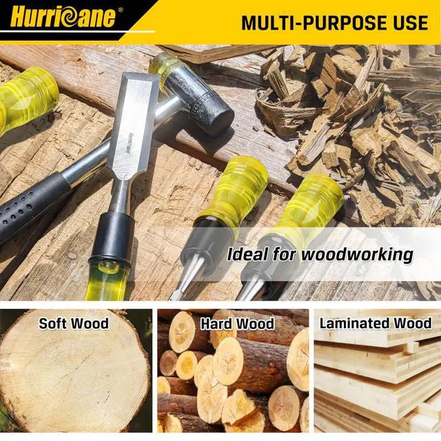 Alt view image 6 of 7 - 4 Piece Wood Chisel Set for Woodworking. CR-V Steel Beveled Edge Blades with Safety Caps. Durable PVC High Impact Handle, for Precision Carving & DIY Projects (1/4", 1/2", 3/4", 1")