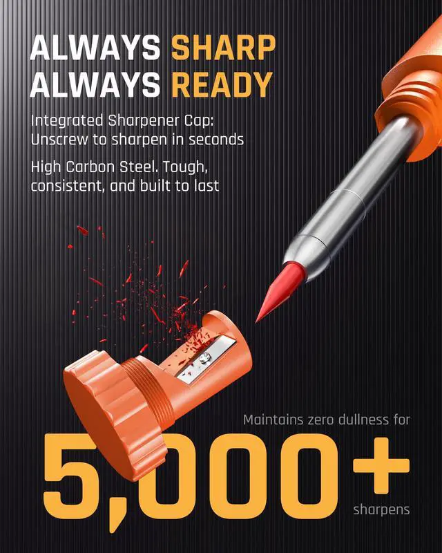 Alt view image 2 of 7 - Carpenter Pencils with Sharpener & Finger Grip, Mechanical Pencil Set with 13 Refills, 3-IN-1 Deep Hole Construction Pencil, Heavy Duty Woodworking Tools for Architect (Orange) - With Case