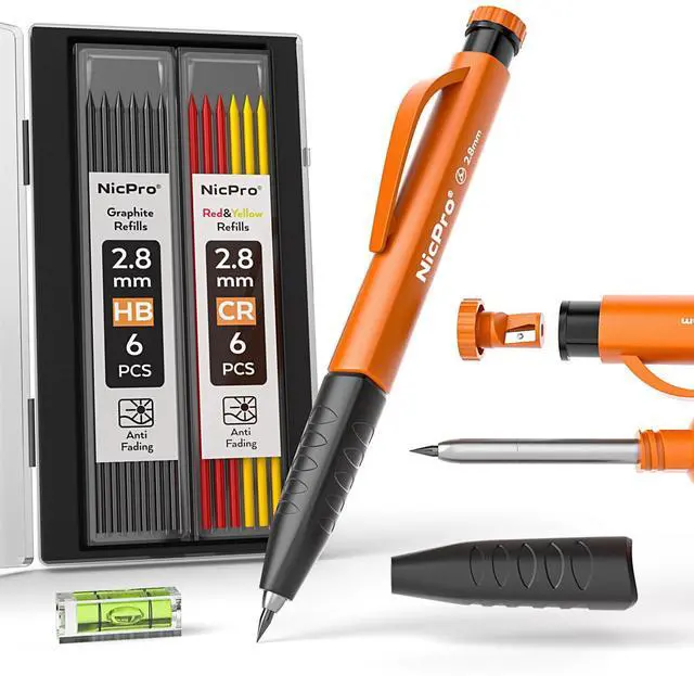Main image of Carpenter Pencils with Sharpener & Finger Grip, Mechanical Pencil Set with 13 Refills, 3-IN-1 Deep Hole Construction Pencil, Heavy Duty Woodworking Tools for Architect (Orange) - With Case