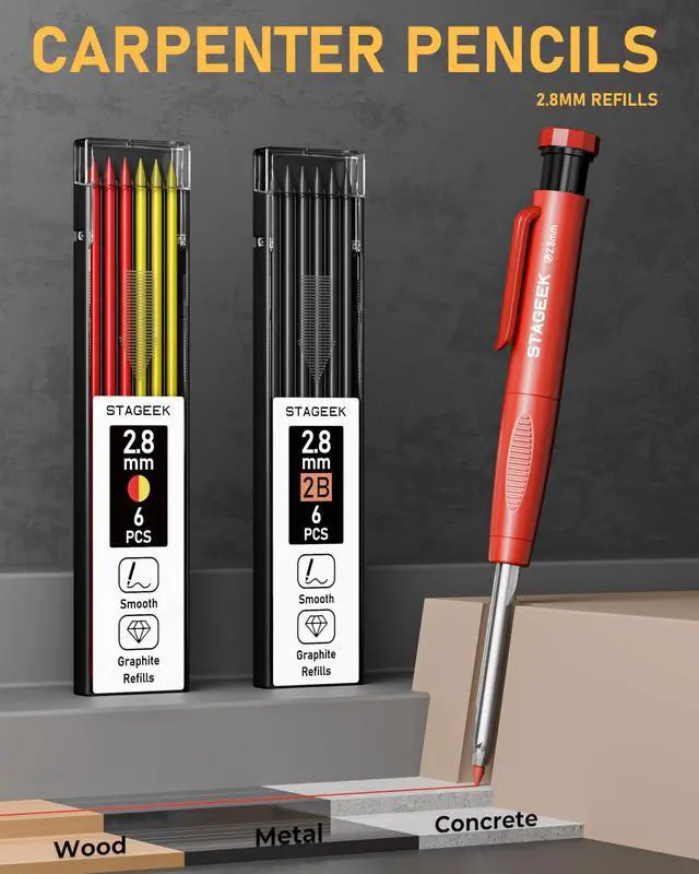 Alt view image 2 of 7 - 14 Pack Mechanical Carpenter Pencil Set with Sharpener 38 Refills, Automatic Center Punch, Carbide Scribe Tool, Eraser and Deep Hole Marker Pen, Heavy Duty Construction Pencil for Architect-With Pouch