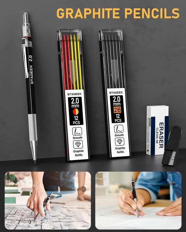 Alt view image 3 of 7 - 14 Pack Mechanical Carpenter Pencil Set with Sharpener 38 Refills, Automatic Center Punch, Carbide Scribe Tool, Eraser and Deep Hole Marker Pen, Heavy Duty Construction Pencil for Architect-With Pouch