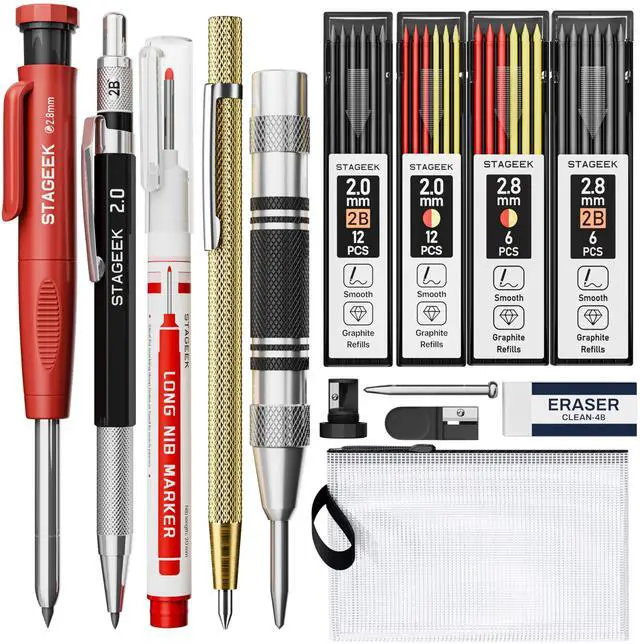 Main image of 14 Pack Mechanical Carpenter Pencil Set with Sharpener 38 Refills, Automatic Center Punch, Carbide Scribe Tool, Eraser and Deep Hole Marker Pen, Heavy Duty Construction Pencil for Architect-With Pouch