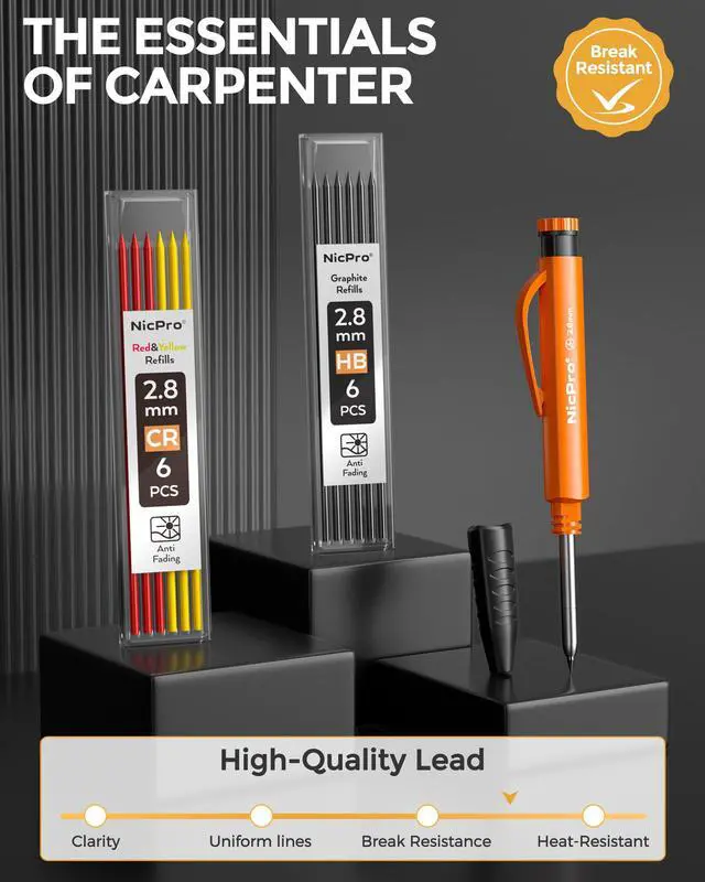 Alt view image 7 of 7 - Carpenter Pencils with Sharpener & Finger Grip, Mechanical Pencil Set with 13 Refills, 3-IN-1 Deep Hole Construction Pencil, Heavy Duty Woodworking Tools for Architect (Orange) - With Case