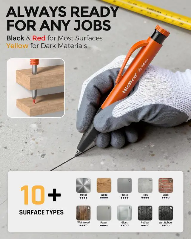 Alt view image 5 of 7 - Carpenter Pencils with Sharpener & Finger Grip, Mechanical Pencil Set with 13 Refills, 3-IN-1 Deep Hole Construction Pencil, Heavy Duty Woodworking Tools for Architect (Orange) - With Case