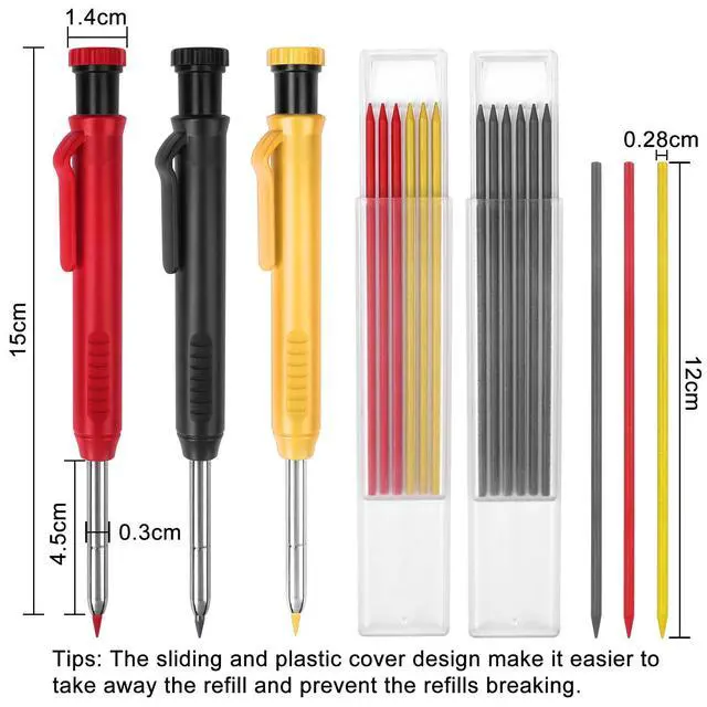 Alt view image 2 of 6 - 3 Pack Carpenter Pencils Mechanical Pencils with 36 Refills, Construction Pencils with Built-in Sharpener, Long Nib Deep Hole Heavy Duty Woodworking Pencil Marker for Architect (3 Colors)
