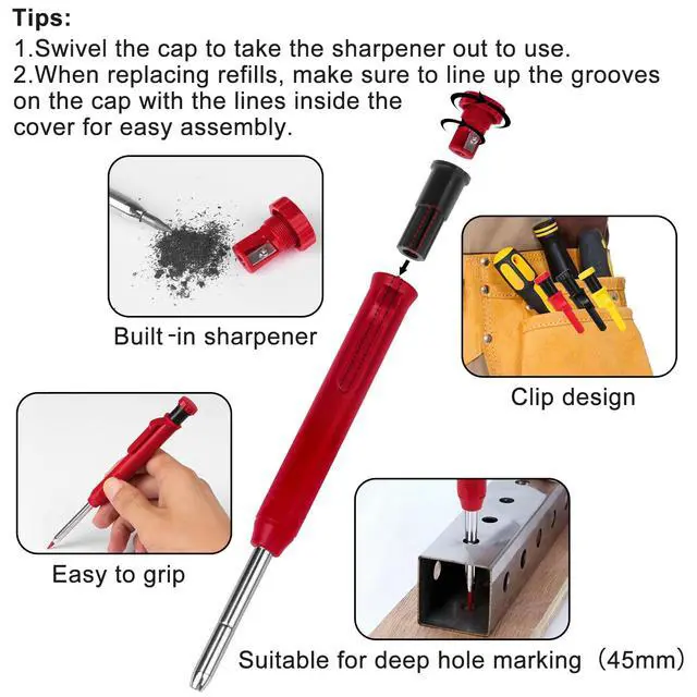 Alt view image 3 of 6 - 3 Pack Carpenter Pencils Mechanical Pencils with 36 Refills, Construction Pencils with Built-in Sharpener, Long Nib Deep Hole Heavy Duty Woodworking Pencil Marker for Architect (3 Colors)