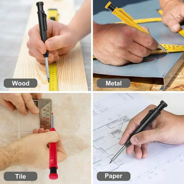 Alt view image 6 of 6 - 3 Pack Carpenter Pencils Mechanical Pencils with 36 Refills, Construction Pencils with Built-in Sharpener, Long Nib Deep Hole Heavy Duty Woodworking Pencil Marker for Architect (3 Colors)