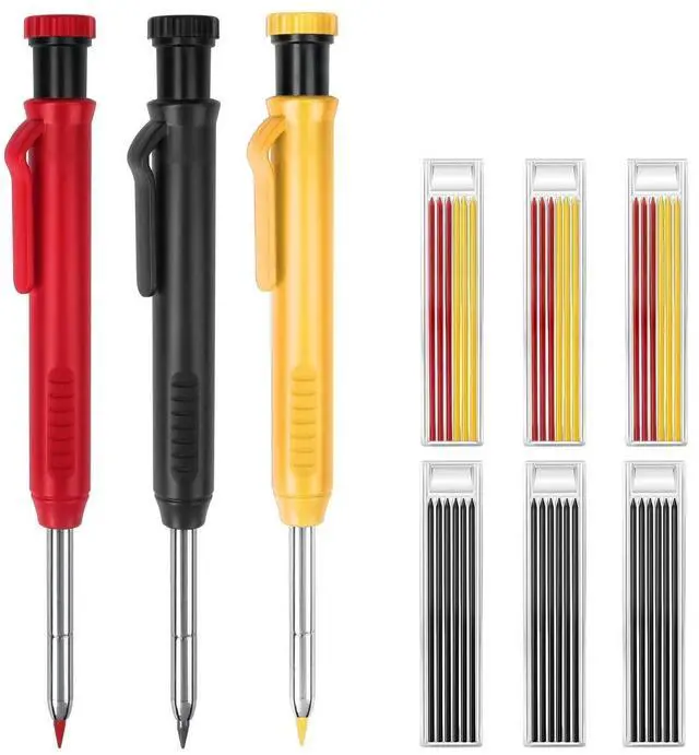 Main image of 3 Pack Carpenter Pencils Mechanical Pencils with 36 Refills, Construction Pencils with Built-in Sharpener, Long Nib Deep Hole Heavy Duty Woodworking Pencil Marker for Architect (3 Colors)