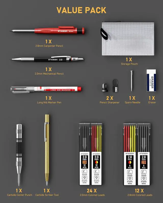 Alt view image 7 of 7 - 14 Pack Mechanical Carpenter Pencil Set with Sharpener 38 Refills, Automatic Center Punch, Carbide Scribe Tool, Eraser and Deep Hole Marker Pen, Heavy Duty Construction Pencil for Architect-With Pouch